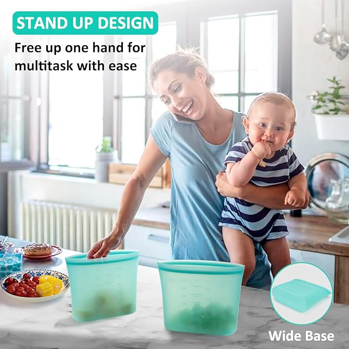 Large Reusable Storage Bag, 4 Pack 100% Silicone Food Storage Bags Stand Up Silicone Zip Lock Bags for Food Container, Freezer Microwave Oven Dishwasher Safe, Aqua, 50.7oz/ 1500ml