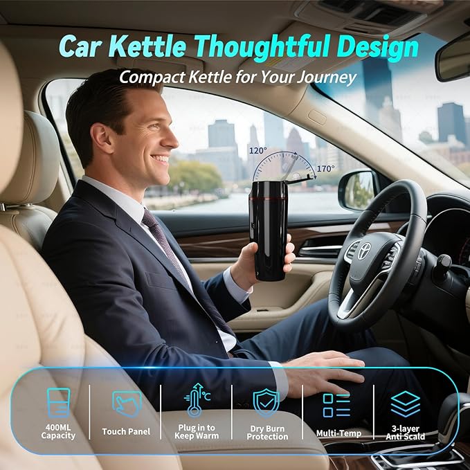 Car Electric Kettle for Travel : FVPE 12V/24V Small Electric Water Kettle, Multi-Temp Control 400 mL Portable Car Water Boiler for Brewing Coffee Tea,LCD Display 304 Stainless Steel Truck Heating Cup