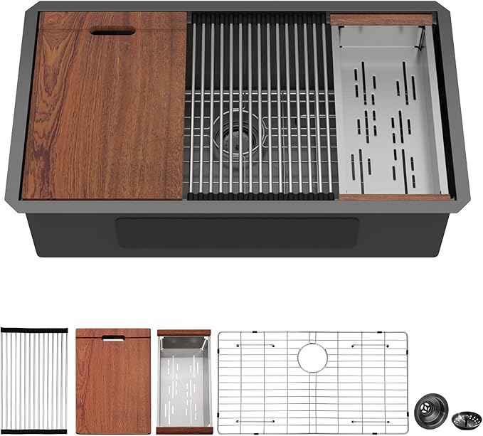 Mocoloo Black Undermount Kitchen Sink - 30x19 Kitchen Workstation Sink 16 Gauge Black Stainless Steel Single Bowl Handmade 30 Inch Undermount Ledge Workstation with Single Track