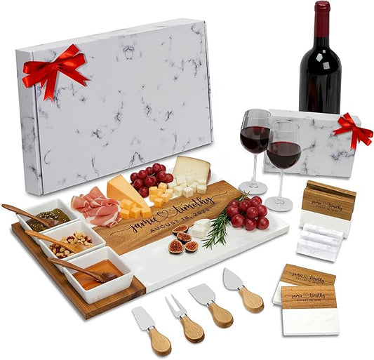 Personalized Wedding Gifts for Couples,Marble Wood Charcuterie Board,Newlyweds,Bridal Shower Gifts for Bride, Husband,Wife,Engagement Gifts,Mr and Mrs Gifts,Custom Laser Engraved Cheese Serving Board