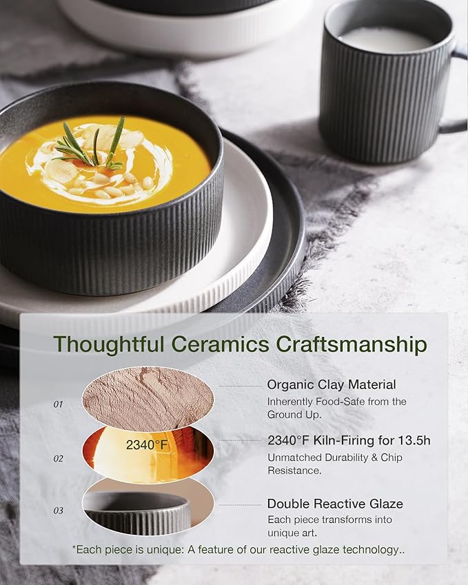 Famiware Star Dinnerware Set, Plates and Bowls Sets for 8 (24pcs), Ribbed Stoneware Dishes - Chip & Scratch Resistant, Microwave & Dishwasher Safe, Multicolor - Matte White & Matte Dark Charcoal