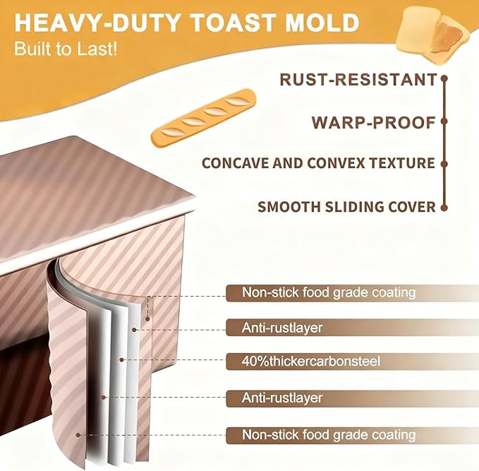 3 Pack Set Pullman Loaf Pan with Lids, 2.2 lb & 1 lb & 0.8 lb Dough Capacity,Non-Stick Sandwich Bread Loaf Pan for Homemade Baking Bread