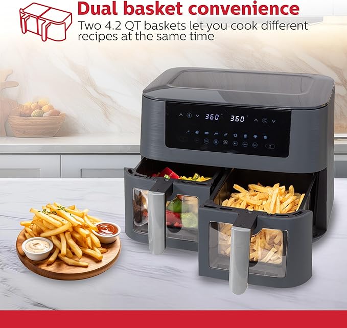 Holstein Housewares 8.4 QT Dual Basket Digital Air Fryer with LED touchscreen – Family Size Viewing Windows, Air Technology for Less Oil Use, Fry, Bake, Grill Roast, 8-in-1 Appliance