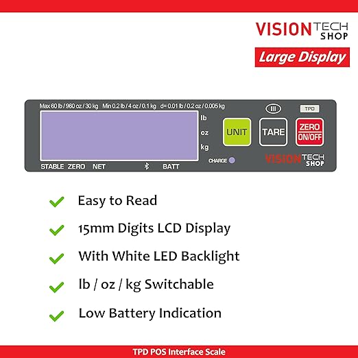 VisionTechShop TPD-60LB, POS Interface Portion Scale with Most ECR's and POS Systems, Lb/Oz/Kg Switchable, 60lb Capacity, 0.01lb Readability, Two Display, NTEP Legal for Trade COC #22-010