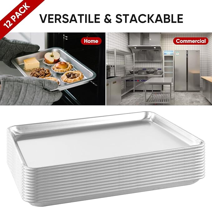 TENUP 12 Pack Aluminum Half Sheet Pan, 18" x 13" Heavy Duty Commercial Baking Tray Reinforced Rim, Warp-Resistant Rust-Free