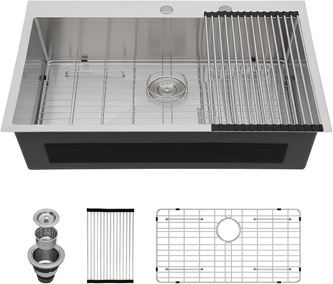 Lordear 33 Inch Drop in Kitchen Sink 33 x 19 Topmount Sink 16 Gauge Stainless Steel Single Bowl Deep Sink with Drain Strainer
