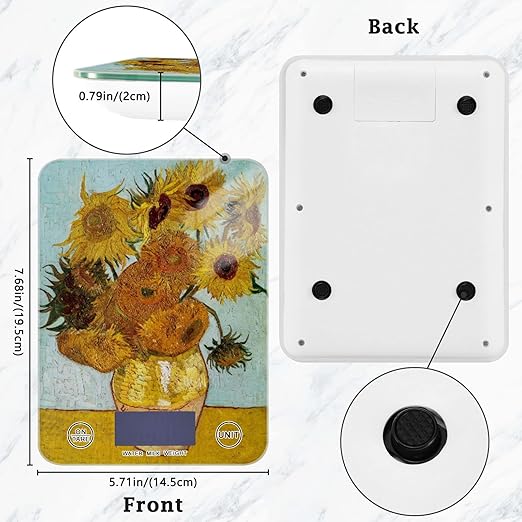 Food Scale Kitchen Digital Scale Food Ounces and Grams Dieting Baking Cooking Waterproof Glass Panels LCD Display,4 Units Scale Tare Function Vangogh Sunflower Yellow
