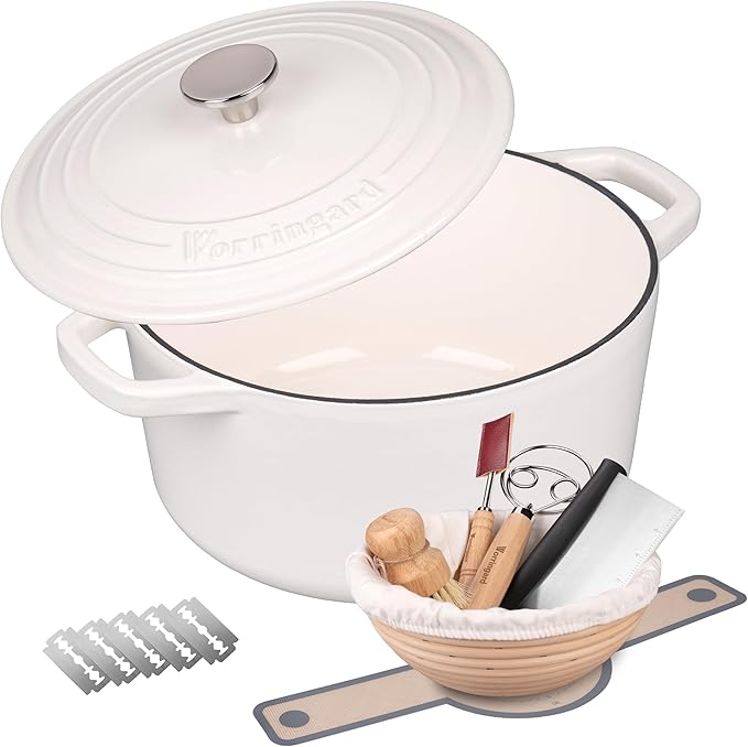 Enameled Cast Iron Dutch Oven Pot with Lid, for Bread Baking, Round Bread Oven- include Sourdough Bread Baking Supplies Set, 4.5QT, White