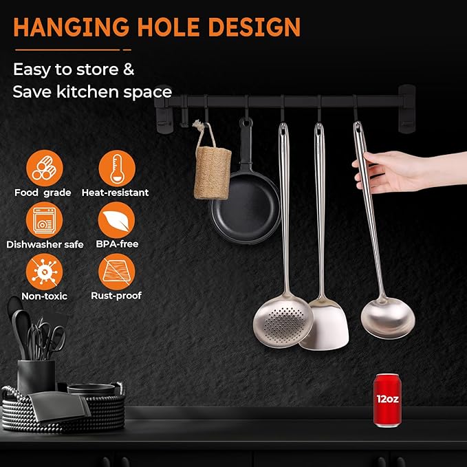 MARTE Wok Spatula and Ladle Skimmer Spoon Tool Set,[High-Grade,Rustproof, Integral Forming, Heat-Resistant] 17" 304 Stainless Steel Cooking Utensils Set of 3，Wok Stir-Fry Accessories - Non-Slip Handle