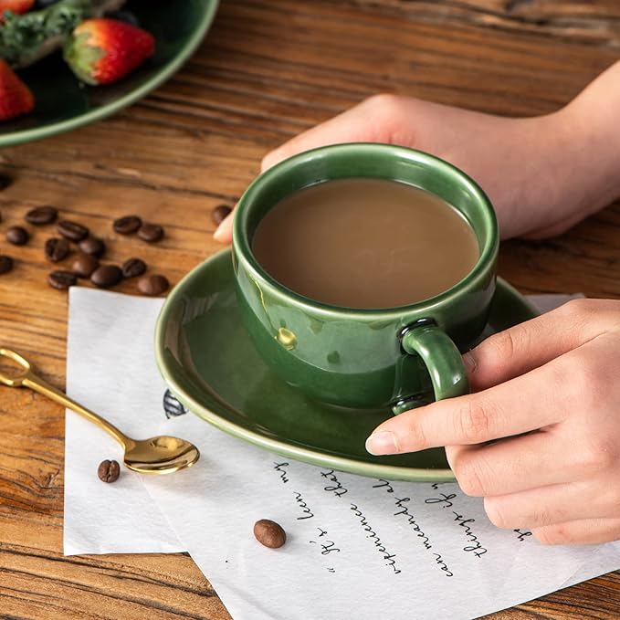 vicrays 6.5 oz Cappuccino Cups with Saucers, Set of 4, Ceramic Coffee Cup for Au Lait, Double shot, Latte, Cafe Mocha, Tea (Green)