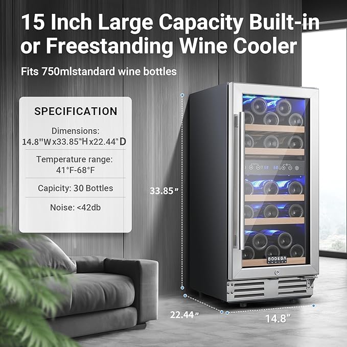 BODEGA 15 Inch Wine Cooler Under Counter, 30 Bottles Dual Zone Wine Fridge, with Double-Layer Glass Door, Temperature Memory and Digital Temperature Control, Built-in or Freestanding