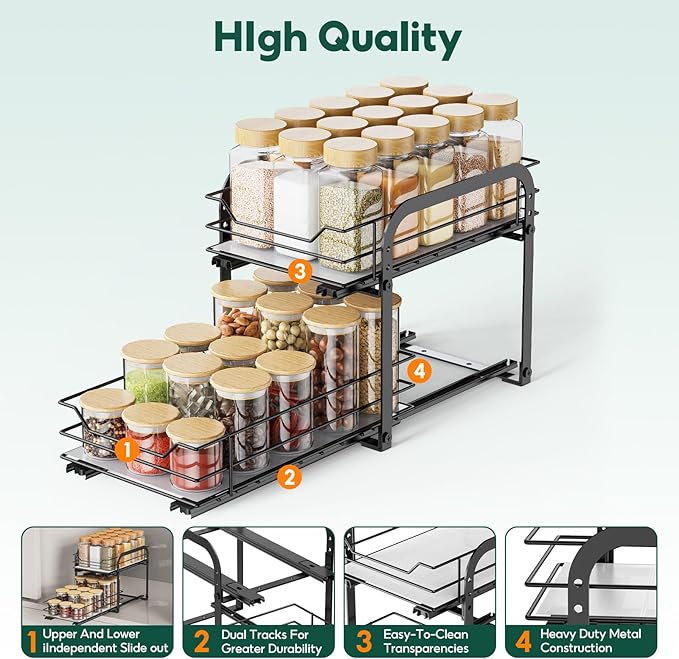 Spice Rack Organizer for Cabinet - 2-Tier Vertical Pull Out Spice Rack, Heavy Duty Metal Spice Shelf with Easy to Install Design, Fits Countertop, Cabinet & Pantry(7" W×10.5" D×9" H, Black)