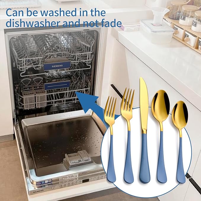 20-Piece Grey blue & Gold Silverware Set, 18/0 Stainless Steel Colorful Handle Flatware Set,Service for 4,Modern Cutlery Set Includes Dinner Knives Forks Spoons,Mirror Polished,Dishwasher Safe