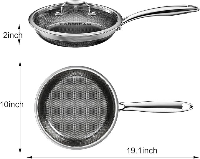 Fogdream 10” Pots and Pans Set Non Stick, Stainless Steel Pan with Lid, Dishwasher and Oven-Safe Frying Pan, PFOA Free and Induction Compatible Cookware Set, Silver