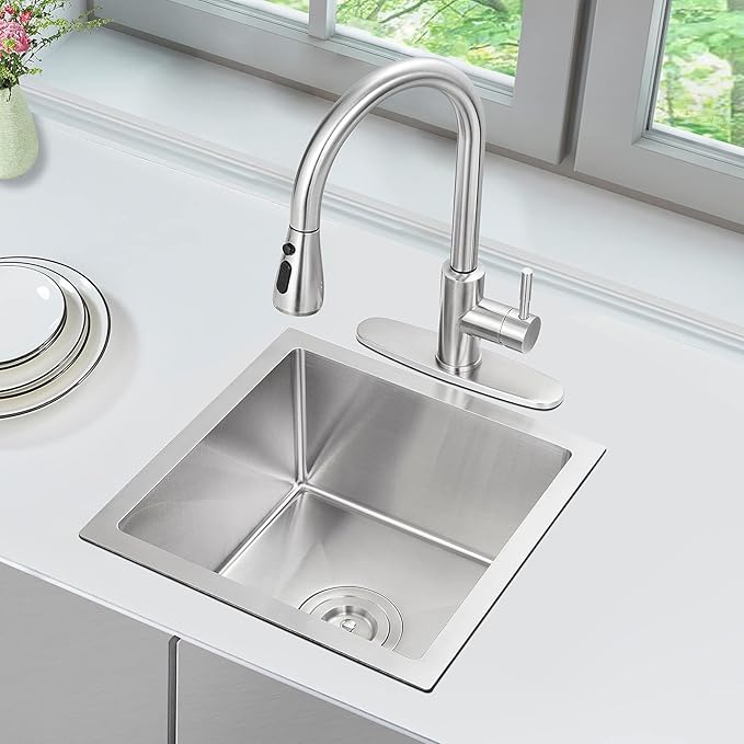 Bar Sink, ROVATE 15 x 15 inch Bar or Prep Kitchen Sink Undermount, Single Bowl T-304 Stainless Steel Small Sinks Handmade with Strainer