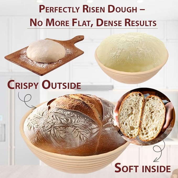 Round Banneton Bread Proofing Basket with Linen Liner, 9” Bread Basket with 6 Essential Bread Making Tools – Natural Rattan Sourdough Banneton Basket Kit for Baking Enthusiasts