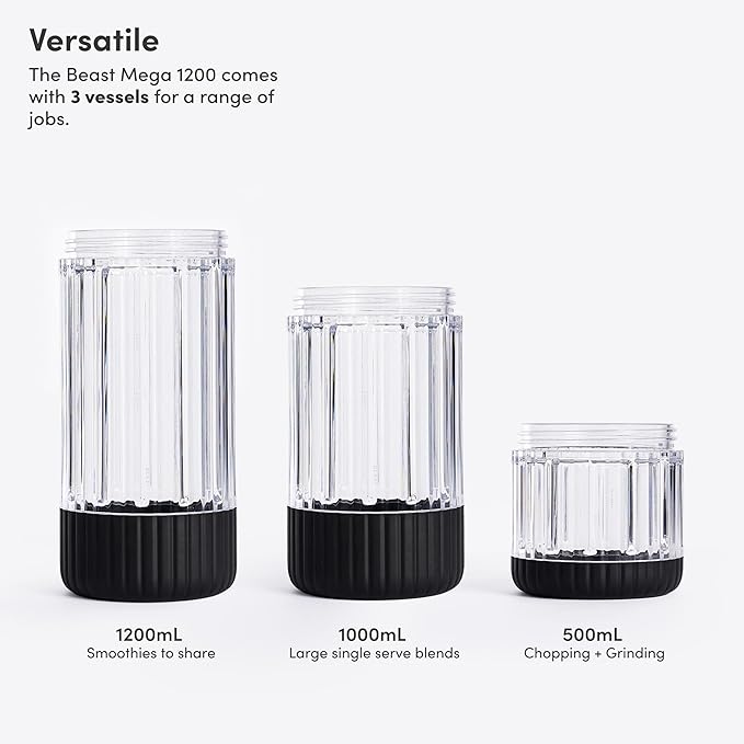 Beast Mega 1200 Plus | Premium Countertop Blender | Smoothies, Shakes, Sauces, Dips, Soups | Blends Ice and Frozen Fruit | XL Vessel | With Extra Vessels, Straw System | 1200W | (Carbon Black, 120V)