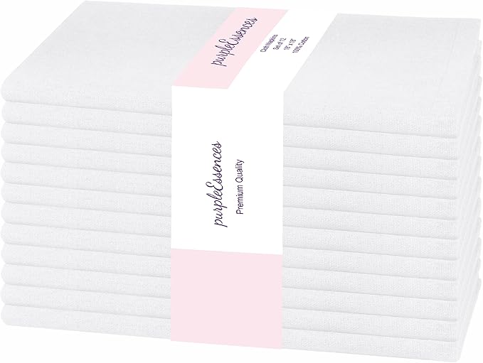 PurpleEssences Set of 12 Cloth Dinner Napkins 100% Cotton 18x18 Inch - Soft Durable Washable - Ideal for Farmhouse Party Spring Summer - Perfect Everyday Use Table Linen - White
