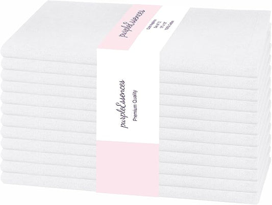 PurpleEssences Set of 12 Cloth Dinner Napkins 100% Cotton 18x18 Inch - Soft Durable Washable - Ideal for Farmhouse Party Spring Summer - Perfect Everyday Use Table Linen - White