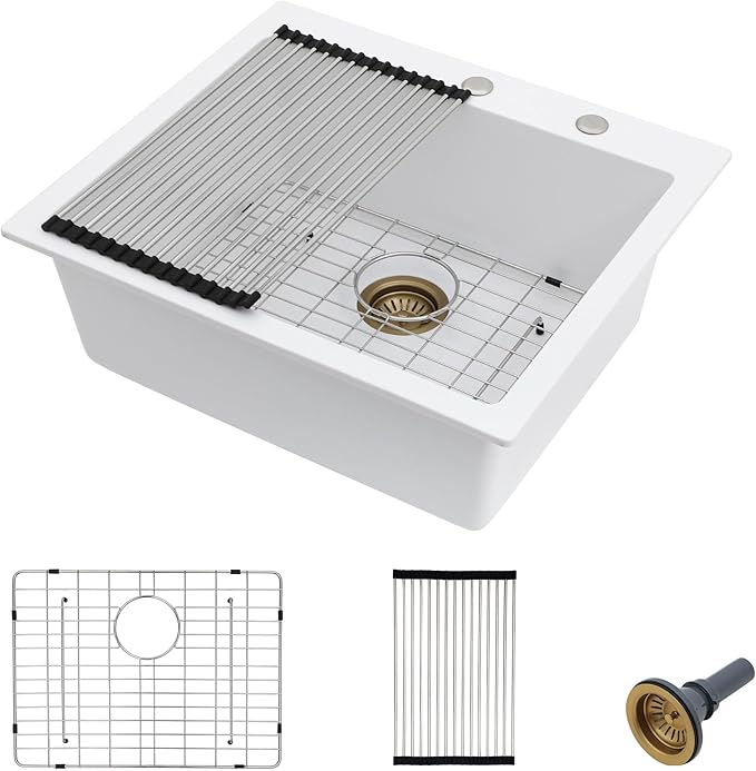 25 Granite Composite Kitchen Sink - Fulorni 25"×22" Granite Kitchen Sink Drop In Topmount White Quartz Classic Above Counter Single Bowl Basin