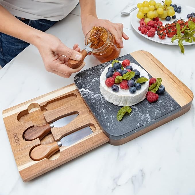 Marble Cheese Board - Acacia Wood Tray With 3-Knife Set - Charcuterie Board for 2-6 People - Great Gift for Weddings, Anniversary & Housewarming Parties - Black