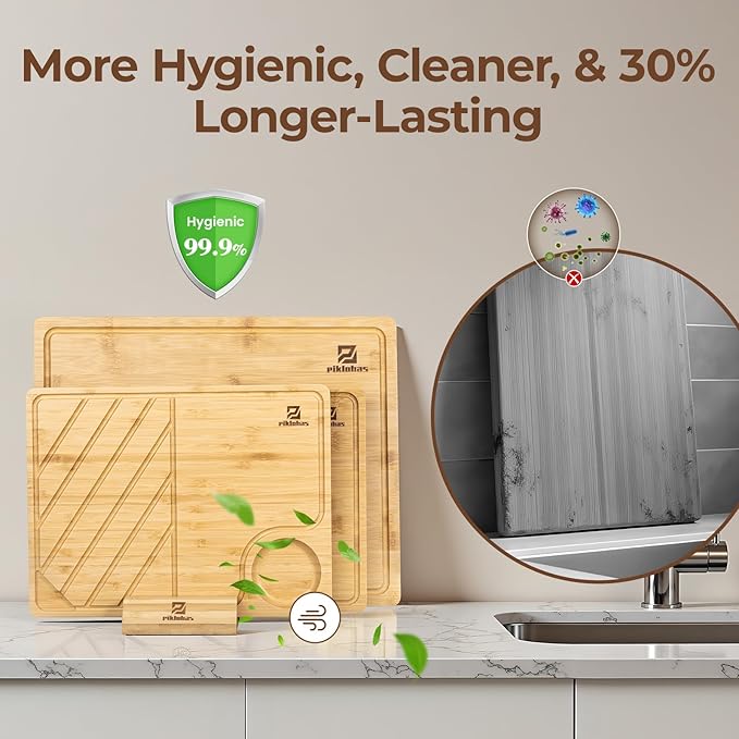 Large Bamboo Cutting Boards Set of 4 for Kitchen, Bamboo Charcuterie Chopping Board with Holder Non Slip, Steak Serving Tray with Juice Groove, Big Butcher Block for Cheese, Ideal for Gift