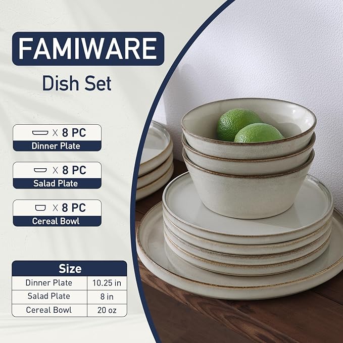 Famiware Plates and Bowls Sets, Annecy Stoneware Dinnerware Sets for 8, 24 Pieces Dish Set, Plate with Lip Edge, Reactive Glaze Tableware - Microwave & Dishwasher Safe, Grey-White