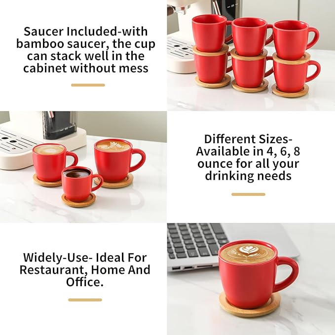 Hasense 8 oz Tea Cups and Saucers Set of 6, Ceramic Coffee Cups with Handle, Latte, Cappuccino, Espresso, Stackable for Party, Home and Kitchen, Red