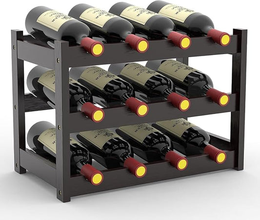 Bamboo Wine Rack Countertop, 3-Tier 12 Bottles Wine Storage Shelf for Kitchen Pantry Cabinet - Dark Brown