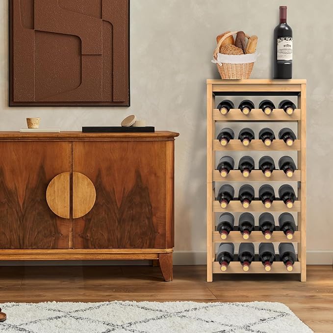 24-Bottle Bamboo Wine Rack Freestanding Floor, 6 Tier Wine Display Rack with Table Top, Wine Storage Shelf for Kitchen Dining Room Bar