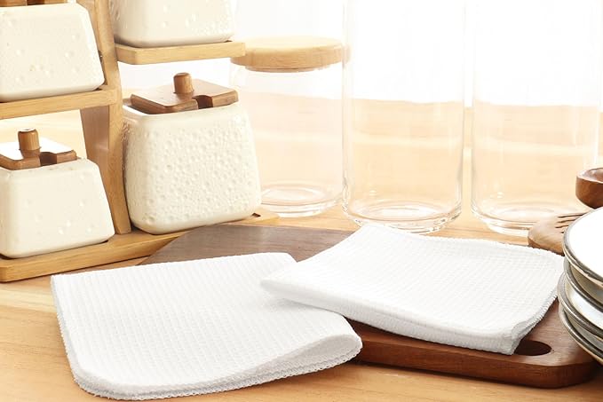 PurpleEssences Dish Cloths and Dish Rags - 8 Pack Waffle Weave Solid Kitchen Dish Wash Cloths, 100% Cotton, 12 x 12 Inches, Ultra Soft Absorbent Quick Drying - Christmas Holiday Winter - White