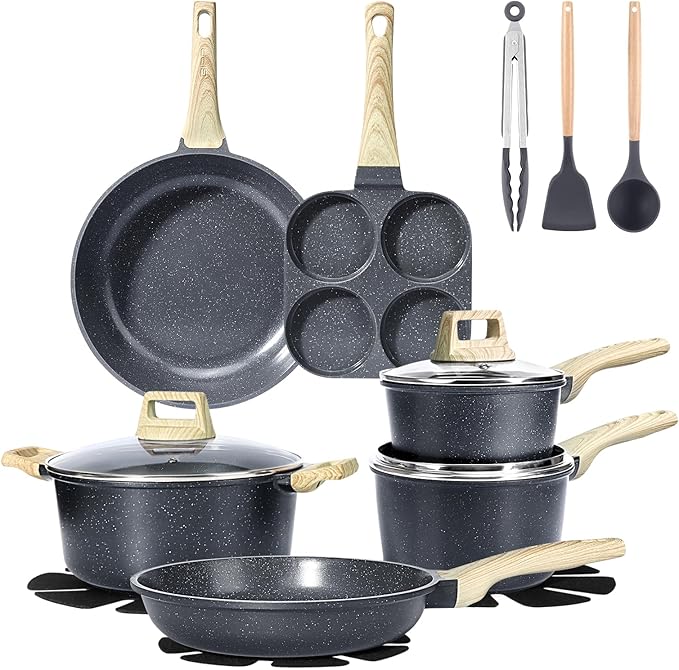 GiPP Ceramic Pots and Pans Set Non Stick - 17 Pcs Nonstick Cookware Set, Non-toxic Healthy Kitchen Cooking Set w/Frying Pans Set, Dishwasher Safe, PFAS PTFE PFOA PFOS Free
