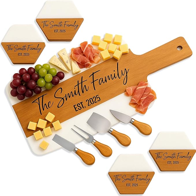 Personalized Cutting Board & 4 Coasters Set – Acacia Wood & Marble – Multi-Purpose, Food-Safe Charcuterie Boards – Gift for Weddings, Housewarmings, Christmas, Anniversaries & Bridal Showers Gifts