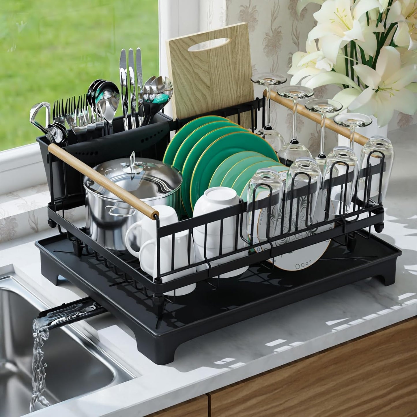 Dish Drying Rack with Drainboard, Rustproof Dish Rack for Kitchen Counter, Large-Capacity Dish Drainer with Cutlery Holder, Sturdy Kitchen Organizer for Dishes, Spoons and Forks