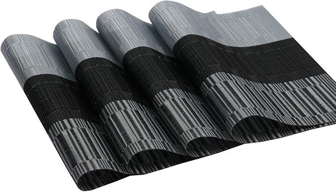 SHACOS Woven Vinyl Placemats for Dining Table Set of 6 Non Slip PVC Bamboo Basket Weave Table Place Mats (6, Ombre Black Gray)