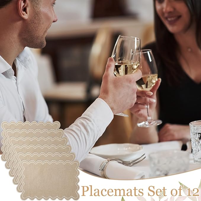 12 Set Linen Placemat 13x19 Wavy Embroidery Scalloped Placemat Double Layered Washable Farmhouse Dinner Table Mat Fabric Napkin for Christmas Hotel Restaurant Wedding Party(Linen Color)