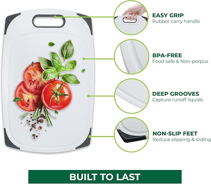 Plastic Cutting Boards for Kitchen, Cutting Board Set of 3, Juice Grooves with Easy Grip Handle, BPA-Free, Non-Porous, Dishwasher Safe, White