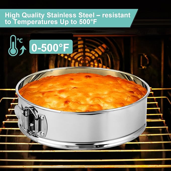 9inch 304 Stainless Steel Springform Cake Pan with Detachable Bottom, Silicone Cheesecake Pan Protector, Parchment Paper, Decorating Kit Piping Bags and Tips- Ideal for Home Bakers
