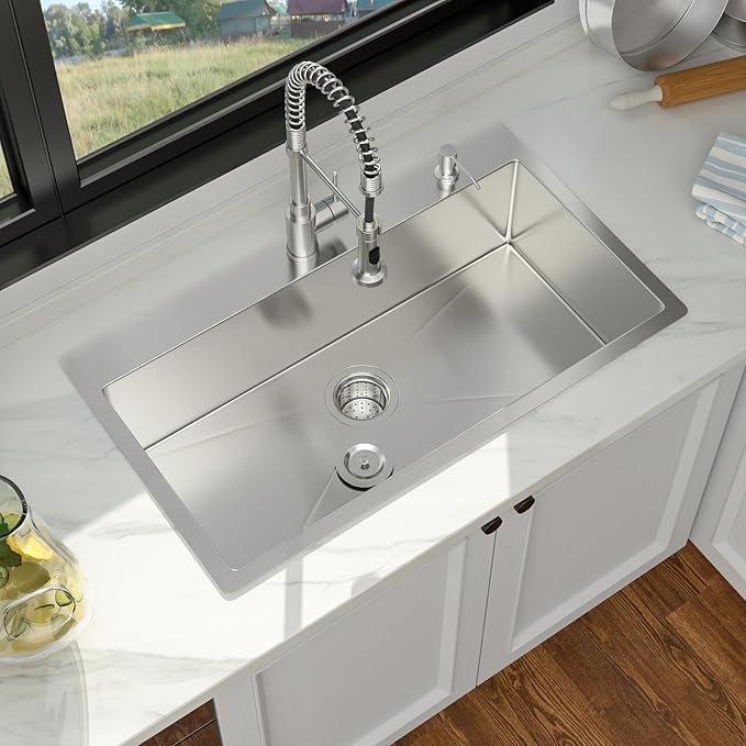 33 Inch Drop In Kitchen Sink - 33 x 19 Topmount Kitchen Sinks Stainless Steel 16 Gauge Single Bowl Handmade Top Mount Sinks with Offset Drainer