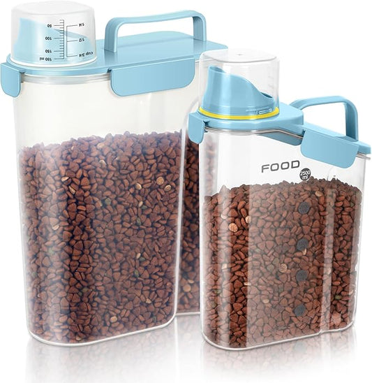 Dog Food Storage Container, Upgraded Large Nozzle BPA-free, 3-5 LBS Plastic Pet Food Storage Containers, With 4 Sealed Clasps, 1 Measuring Cup and Handle (Bright blue-A)