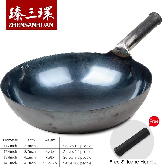 臻三环 ZhenSanHuan Chinese Hand Hammered Iron Woks and Stir Fry Pans, Non-stick, No Coating, Carbon Steel Pow (34CM, Blue Black - Seasoned)