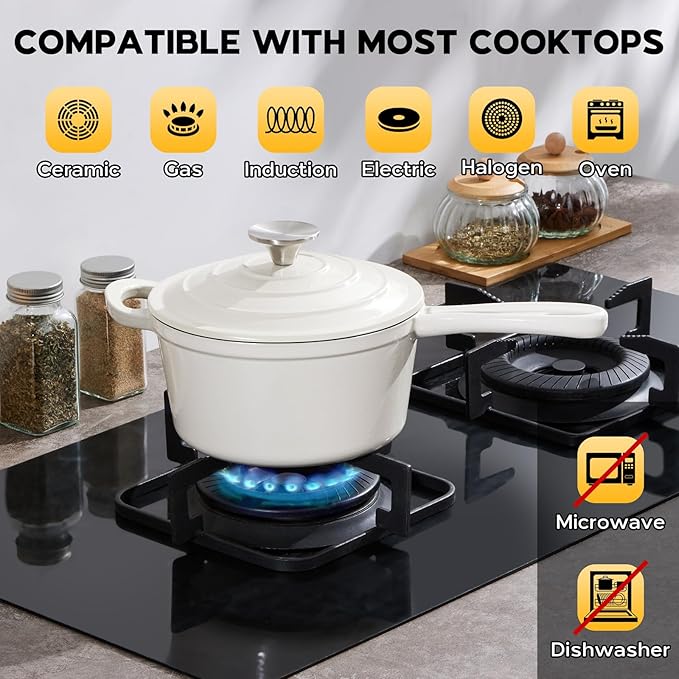 Onader 1QT Sauce Pan, Enameled Cast Iron Saucepan Dutch Oven Pot with Lid, Small Cooking Sauce Pot, Nonstick & Oven Safe – White