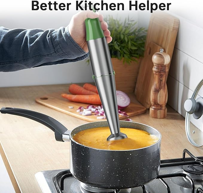 Immersion Blender Handheld Corded Hand Blenders Set 1100W, Trigger Variable Speed 5 in 1 Stick Emulsifier with Chopper, Whisk and Frother for Soup, Baby Food and Smoothies, Green