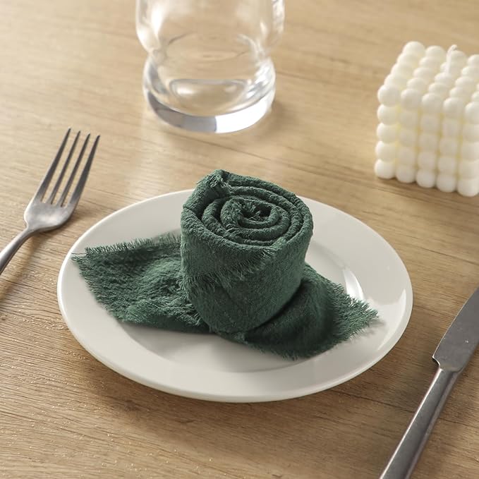 Handmade Cloth Napkins with Fringe, 100% Cotton Napkins, Delicate Handmade Linen Napkins for Dinners, Parties, Weddings and More, 17 x 17 Inch Set of 12 - DarkGreen