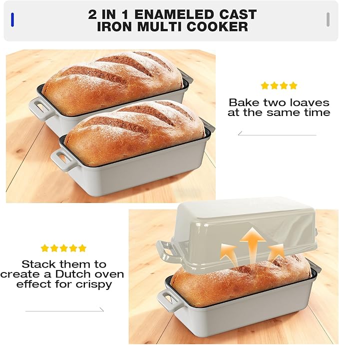 13x5 Enameled Cast Iron Loaf Pan with Lid – Bread Pan for Sourdough, Cake, Meatloaf, Even Heat, Nonstick, Easy to Clean, 2 Piece Set