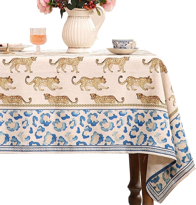 patdrea Leopard Animal Linen Table Cloth Soft Breathable Tabletop Cover Dacorative Kitchen Dining Tablecloth for Rectangular Tables for Parties,Holiday,Christmas,63"x 102"