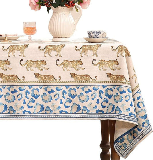 patdrea Leopard Animal Linen Table Cloth Soft Breathable Tabletop Cover Dacorative Kitchen Dining Tablecloth for Rectangular Tables for Parties,Holiday,Christmas,63"x 102"