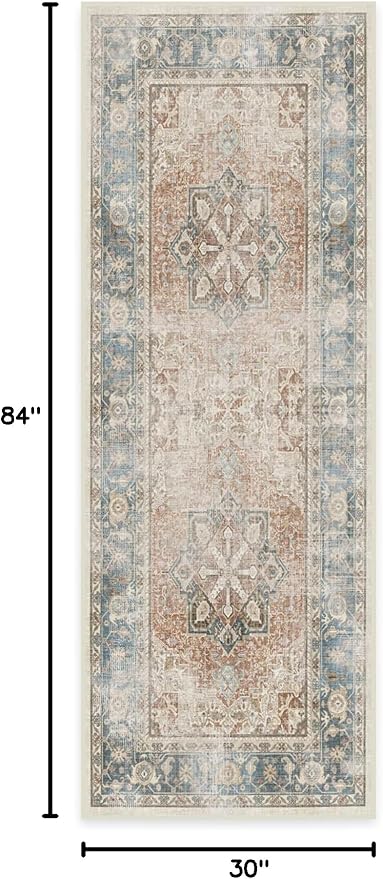 RUGGABLE Washable Vintage Runner Rug – Kamran Coral 2.5x7, Stain-Resistant, Non-Slip Hallway Runner – Machine Washable Rug for Hallway, Entryway, Living Room & Kitchen–with Cushioned Pad