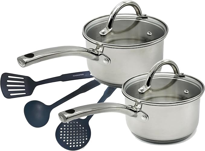 Stainless Steel Saucepan Glass Lid Steel handle Induction Impact Bonded 7 PCS Set