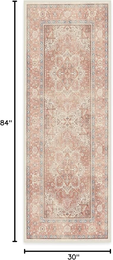 RUGGABLE Washable Runner Rug – Kamran Rose Pink 2.5x7, Stain-Resistant, Non-Slip Hallway Runner – Machine Washable Rug for Hallway, Entryway, Living Room & Kitchen–with Cushioned Pad